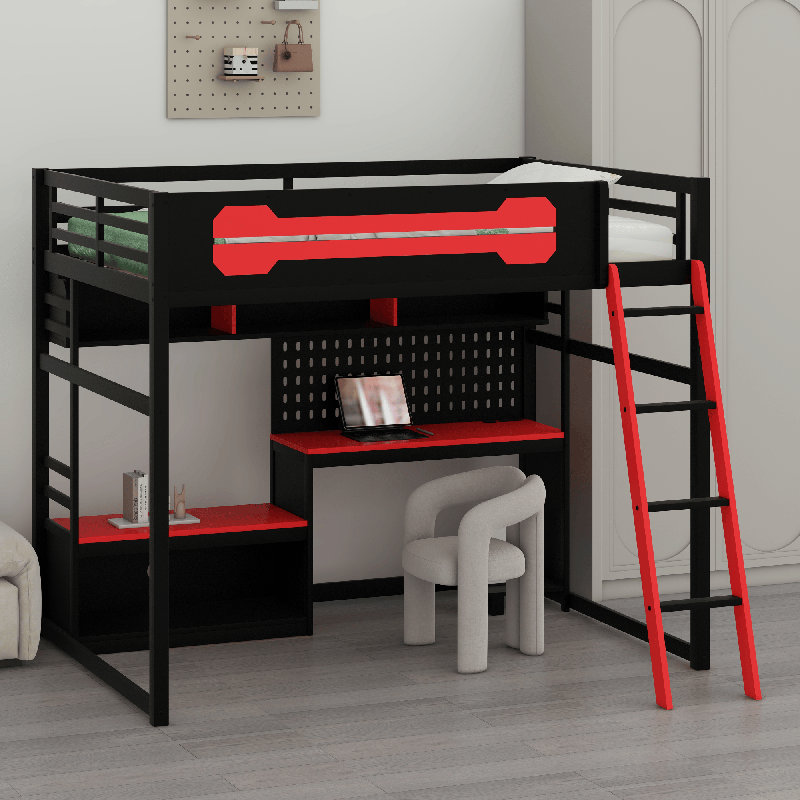 Lit mezzanine en bois avec bureau, Noir / Rouge