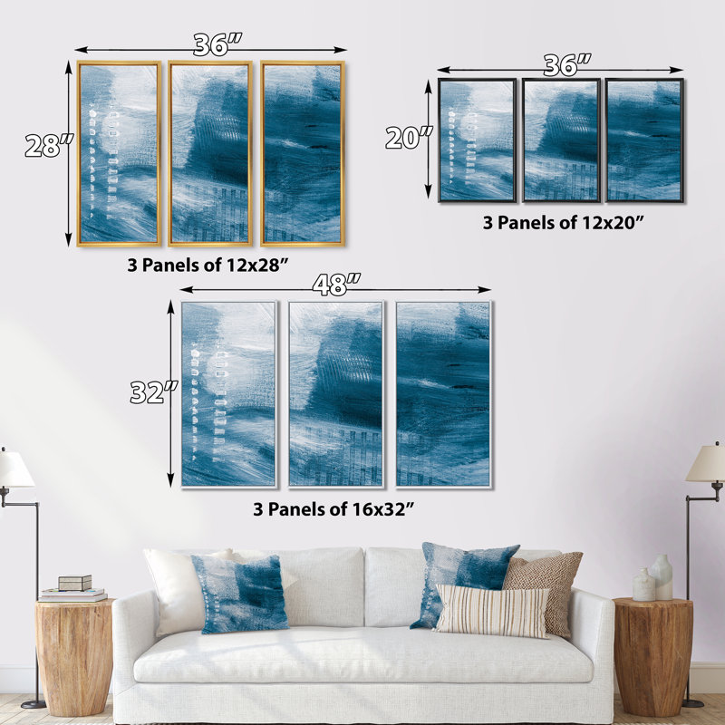 Shades Of Creative Blue - 3 pièces, peinture sur toile, H 28 po x l 36 po, Cadre noir