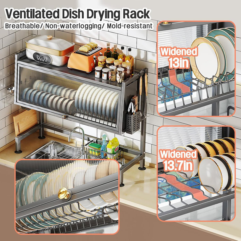 Slate Gray Over-the-Sink Metal Dish Drying Rack with Cover