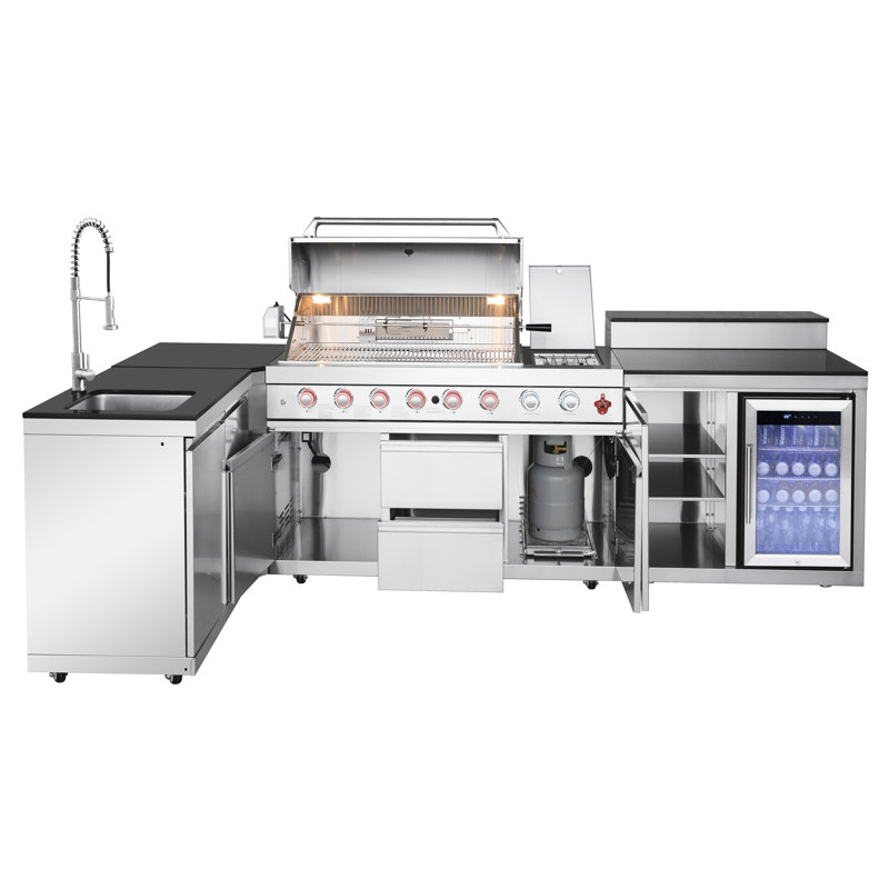 Îlot de cuisine en acier inoxydable pour barbecue à 6 brûleurs 99000 avec évier, rangement à double porte, réfrigérateur, armoire d'angle à trois niveaux, brûleurs à haute puissance, tiroirs spacieux, installation modulaire