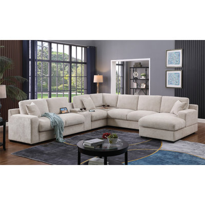Canapé d'angle modulaire en chenille beige et tissu 141,5 po Chiara