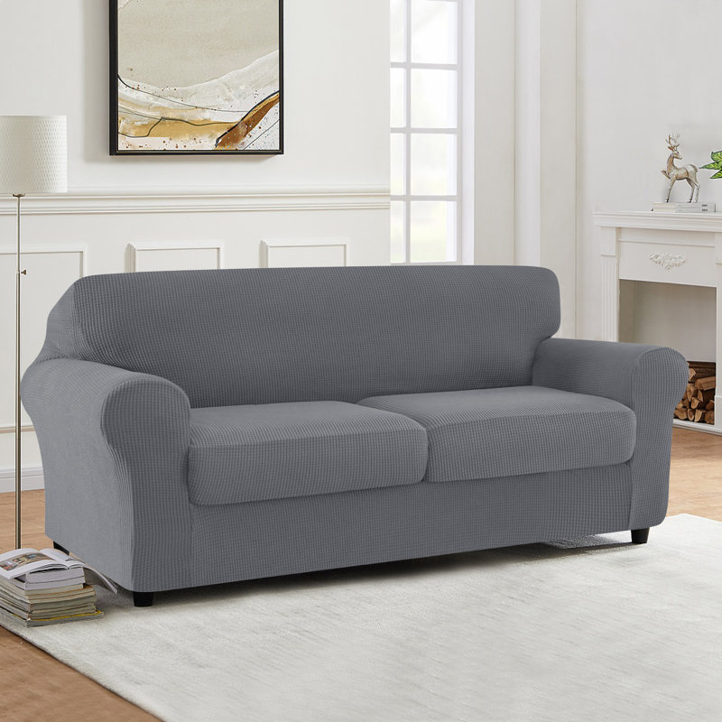3 Piece Stretch Jacquard Couch Cover, Sofa Slipcover for 2 Cushion Couch, Machine Washable Furniture Protector(Loveseat, Light Gray)