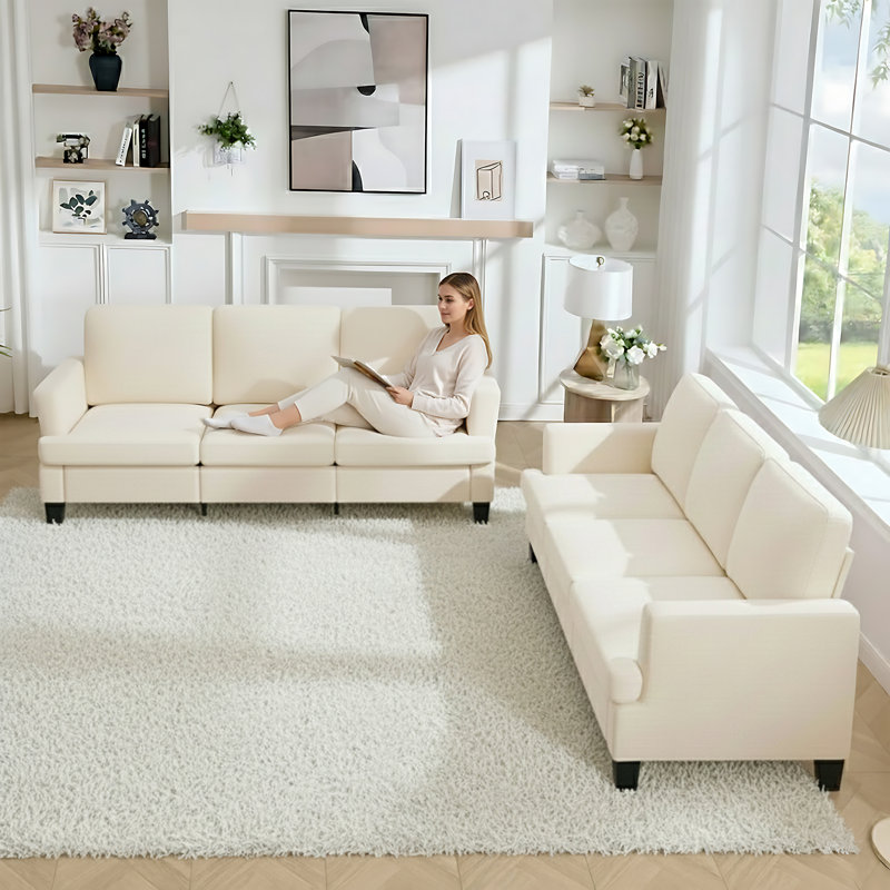 84'' Linen Upholstered 3-Seater Sofa Set of 2, Beige Linen