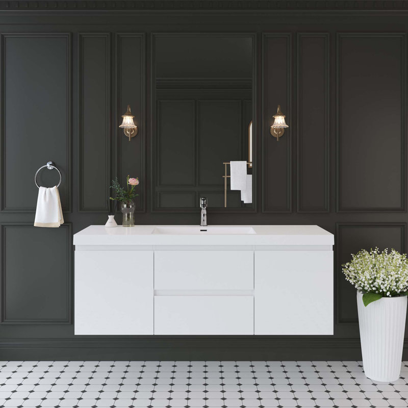 Meuble-lavabo flottant avec lavabo double, Blanc, 60"