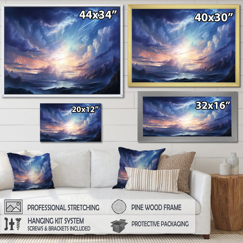 Météores pluie de lumière II sur toile, H 24 po x l 32 po x P 1 po, Cadre photo argenté