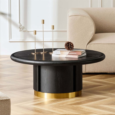 Table basse ronde en pierre frittée de 35,43 pouces avec piédestal en panneau de fibres à densité moyenne et acier inoxydable, idéale pour le salon et le bureau