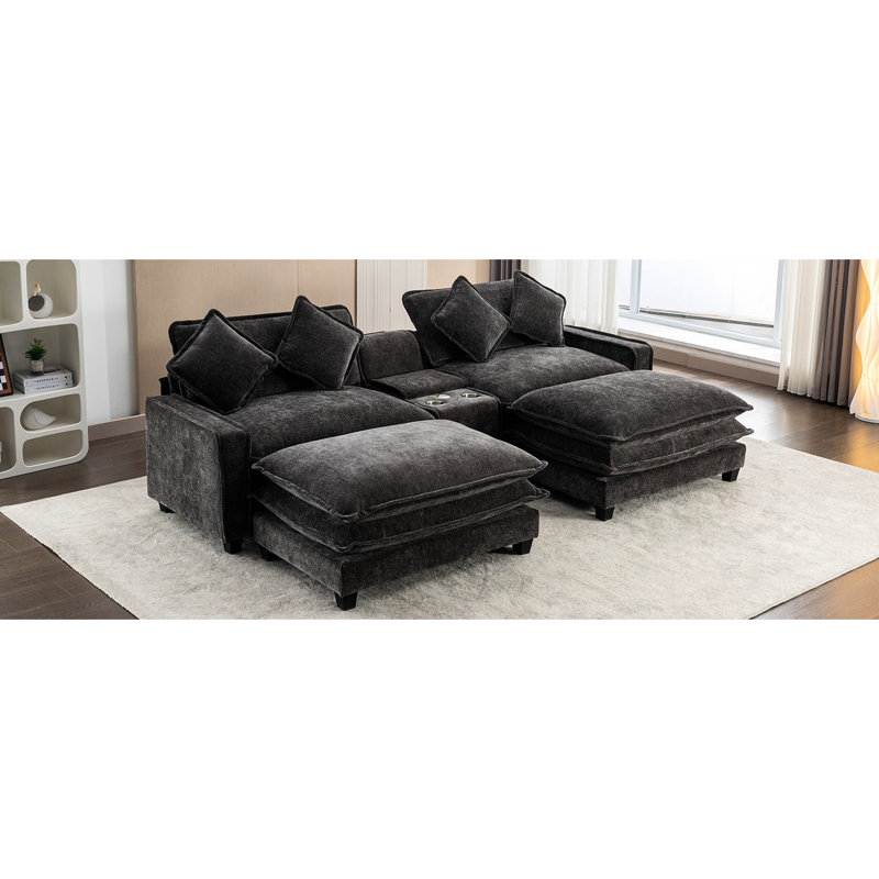 Grey With 111" Dimension, Two Removable , Double Cushion, Cup Holders, Ports And Hidden Storage Space Ports, Holders Large Box