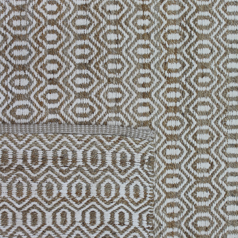 Tapis géométrique tissé à plat à la main blanc / brun, Tapis de couloir 2 pi 6 po x 12 pi