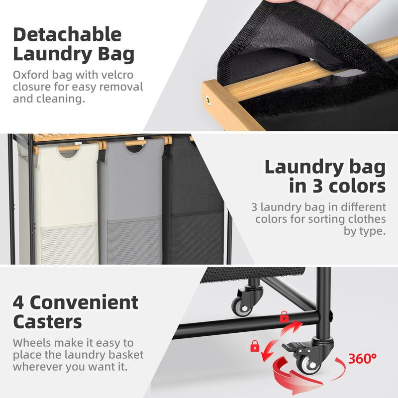 Panier à linge 3 sections avec roulettes et sacs coulissants Jamil, trieur de linge en bambou pour salle de bain