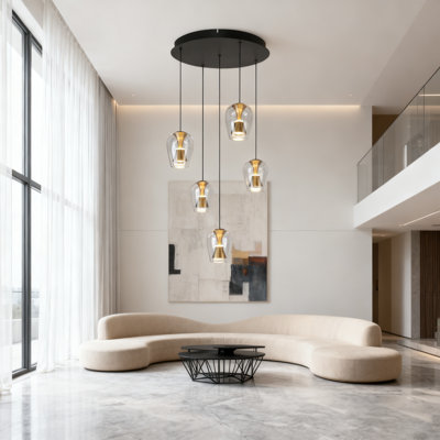 Contemporary Elegant 5-light Glass Chandelier With Brass Accents And Dual-direction Lighting