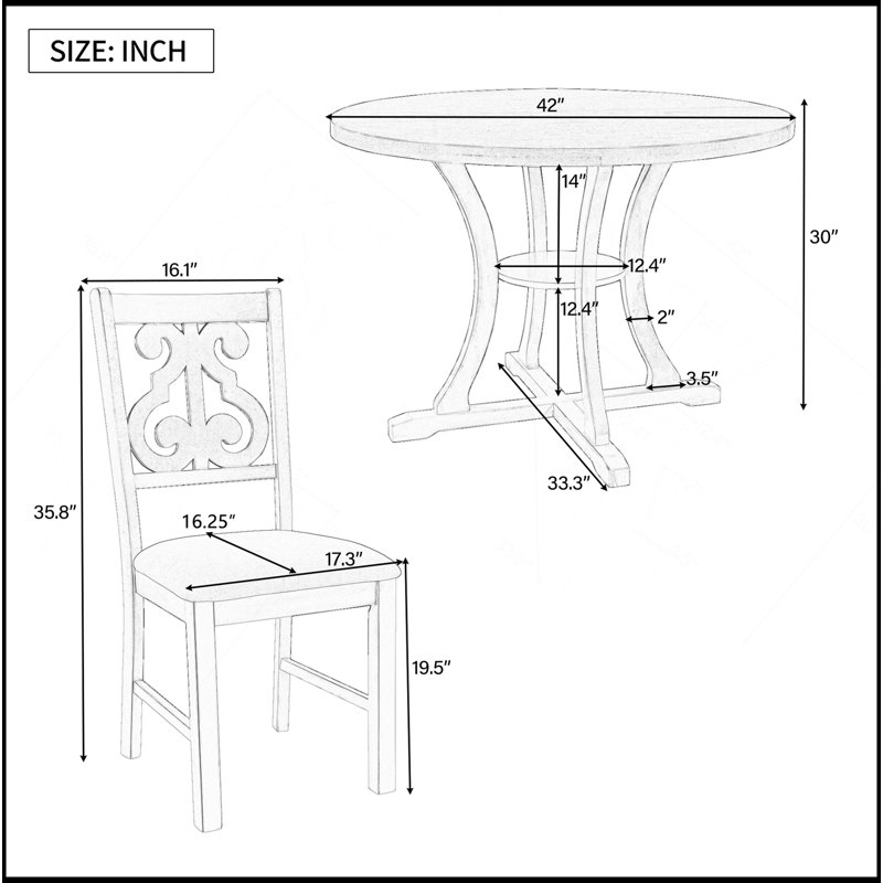 5-Piece Round Dining Table And 4 Fabric Chairs With Special-Shaped Table Legs And Storage Shelf (Antique Blue/ Dark Brown)