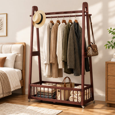 Portant à vêtements en bois massif avec roulettes, sur pied, double tringle avec tablette de rangement, 100 cm × 41,5 cm × 162 cm