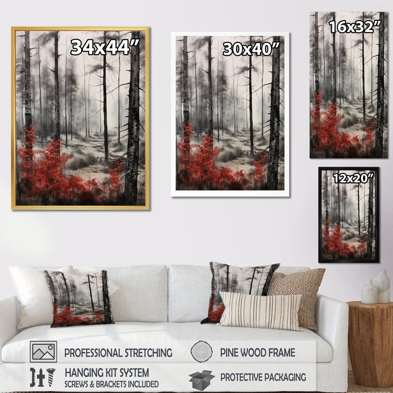 Rouge et gris Mystic Woods I - Forest Wall Art Living Room, 32" H x 16" W, Cadre flottant blanc