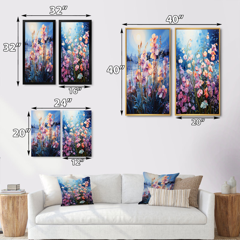 «Coral Blue Orchids Field Pointillism Dot», 2 pièces, H 24 po x l 20 po, Cadre blanc