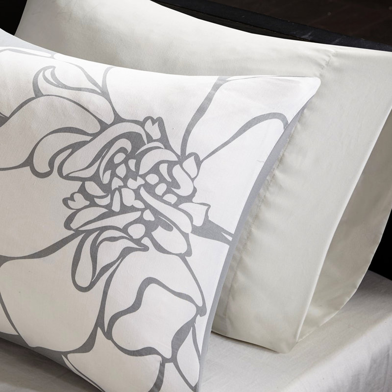 Édredon simple / simple TG en coton imprimé gris / pêche - comprend une jupe de lit et 3 coussins décoratifs texturés remplis d'agréable