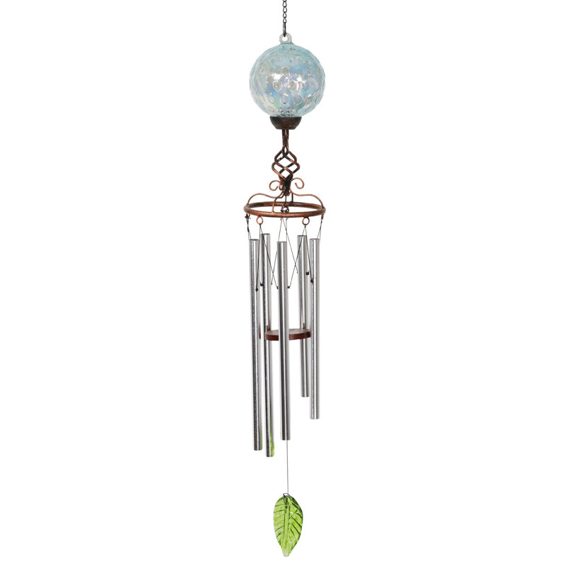 Light Blue Solar Pearlized Honeycomb Glass Wind Chime with Metal Finial