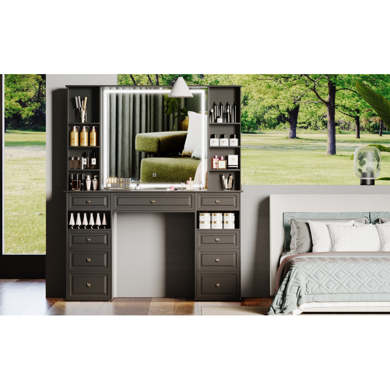 Modern Black Vanity Set with Lighted Mirror & 9 Drawers