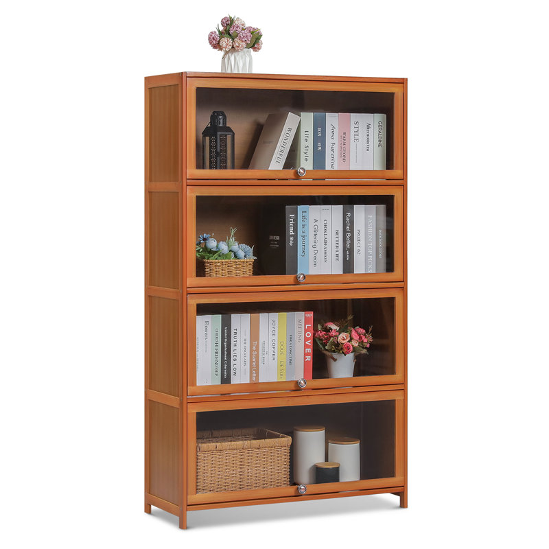 Brown Bamboo 4-Shelf Bookcase with Acrylic Doors