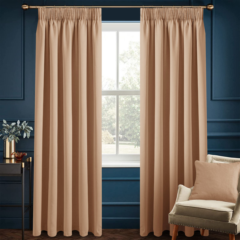 Moncear 100% Polyester Blackout Pencil Pleat Room Darkening 230 GSM Curtains (Set of 2), Beige, 117cm Width x 137cm Drop