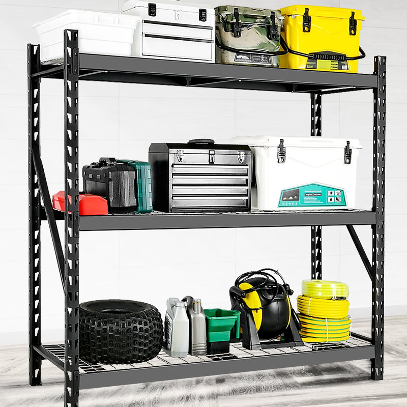 Étagère de garage en métal robuste, H 72 po x l 77 po, capacité de 6 000 lb, tablettes réglables à 3 niveaux pour le lieu de travail industriel, étagère noire H 72 po x l 77 po, rangement au sous-sol
