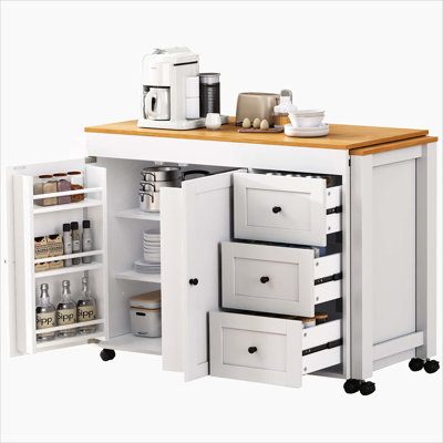 K&K 74.8" Kitchen Island With Extendable Dining Table, Kitchen Storage Cart With 3 Drawers, Power Outlet, Rolling Kitchen Island On Wheels With Spice Rack And 2 Door Cabinet, For Kitchen