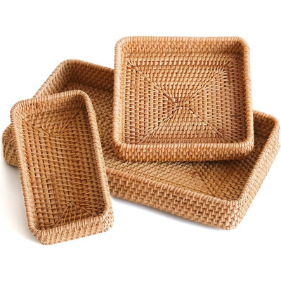 Rattan Serving Tray Set, Woven Rectangle Trays And Shallow Baskets For Serving, Organization, And Home Decor