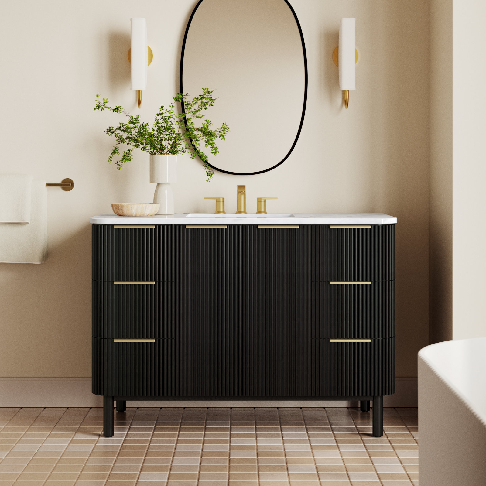 Nova 48" Marble Top Single Sink Bathroom Vanity, Black Reeded Birch