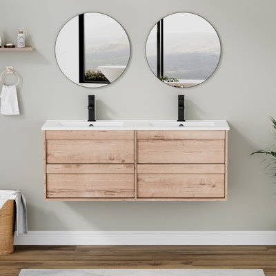 Sharee 48" Wall Mounted Double Sink Bathroom Vanity With Resin Top, Zinc Alloy Faucet, Wood Tune Floating Cabinet With 4 Drawers