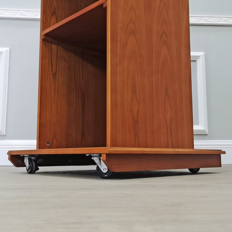 Deluxe Mobile Wood Podium with Open Shelving and Wheels