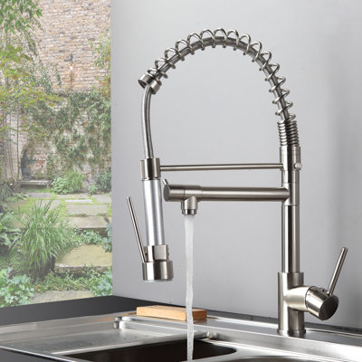 Robinet d'évier de cuisine moderne, rétractable, aspect nickel brossé, poignée simple, robinet en céramique inclus avec robinet chaud et froid avec nickel, laiton massif, installation de la poignée