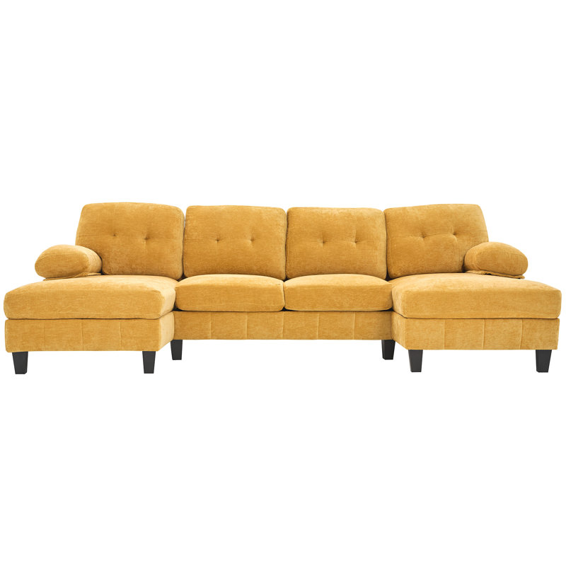 U-Shaped Sectional Sofa 103.5" Chenille Fabric Couch With Dual Chaise Lounges, Storage Pockets And Armrest Pillows For Living Room, Yellow
