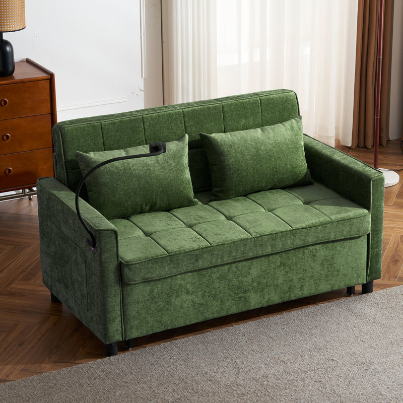 Canapé-lit coulissant de 56,9 po avec canapé-lit réversible, poches latérales, deux ports USB et support pour téléphone dans le salon, vert