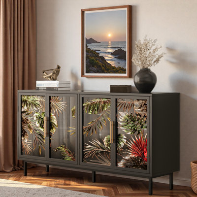 Metal Iron Frame Sideboard With Stained Tropical Plant Glass Doors, Golden Handles And Sturdy Legs