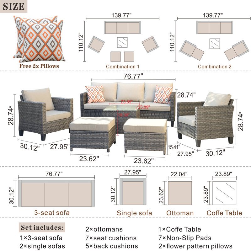 GRST Wicker 7 - Person Patio Conversation Set with Cushions, Beige