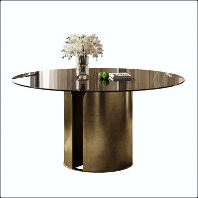 59" Round Dark Brown Glass Dining Table with Antique Copper Base