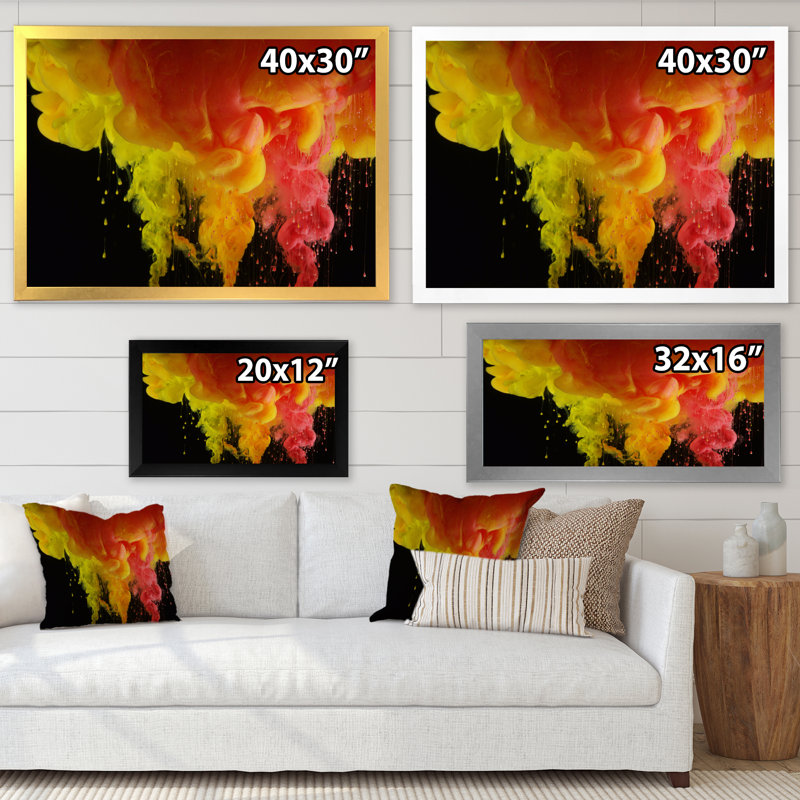 Rouge et jaune et encre liquide - Peinture sur toile, H 16 po x l 32 po x P 1 po, Cadre photo argenté