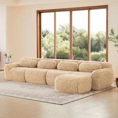 Canapé en forme de L sans os, tissu moelleux moelleux et moelleux, avec chaise en éponge haute densité 32D, aucun assemblage requis, conception ergonomique inférieure antidérapante, avec coussins décoratifs, convient aux chambres à coucher, kaki clair
