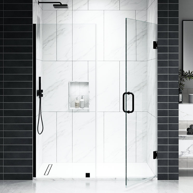 EV Series 55in. - 66in. W x 72in. Frameless Hinged Glass Shower Door | 1 Inches Width Adjustment for Each Size | 3/8 in. Thickness Tempered Clear Glass | Adjustment Uneven Walls