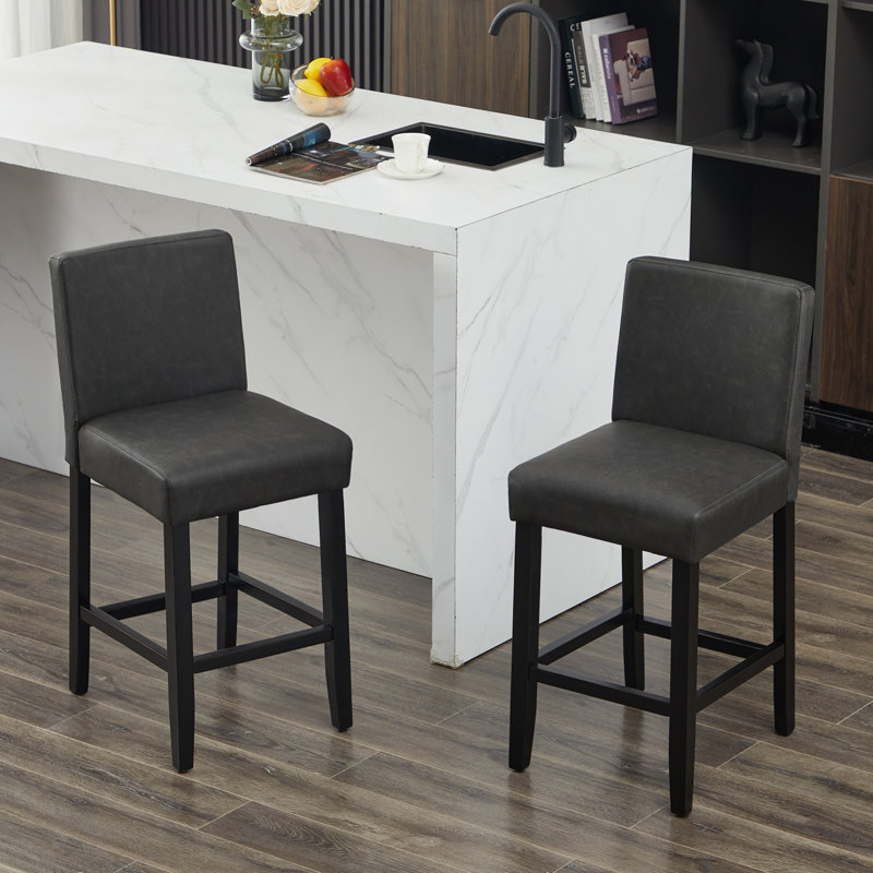Upholstered Bar & Counter Stool With Solid Wood Frame, Black/Faux Leather, 2, Counter Stool (26” Seat Height)