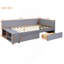 Lit plateforme simple tapissier en forme de L avec rangement et tiroirs, gris