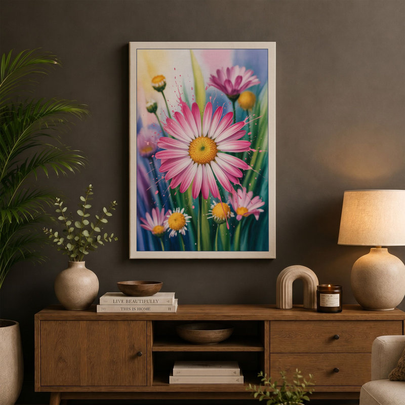 Pink Daisy Garden Botanical - Wrapped Canvas, 30x20 - 76.2 x 50.8 cm, Sage Border