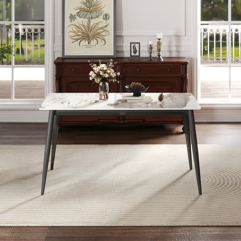 Table de salle à manger rectangulaire moderne en pierre frittée blanche pour 6 personnes avec pieds en métal gris foncé, facile à nettoyer, haute température