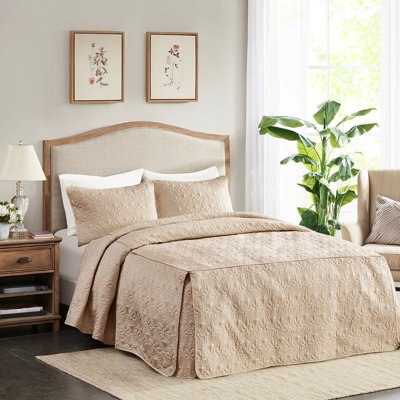3 Piece Split Corner Pleated Bedspread Khaki King - Microfiber Solid, 100% Fill, Traditional Bedding Size Corners, Surface, Odor-