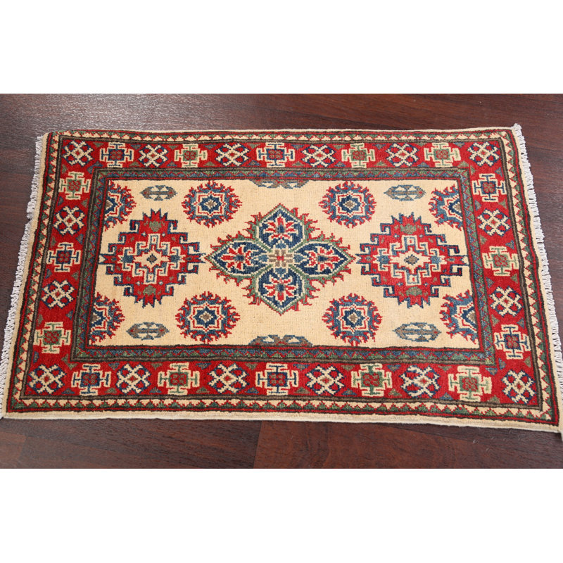 Tapis décoratif en laine de conception unique beige/rouge 2 pi x 3 pi 3 po kazak noué à la main