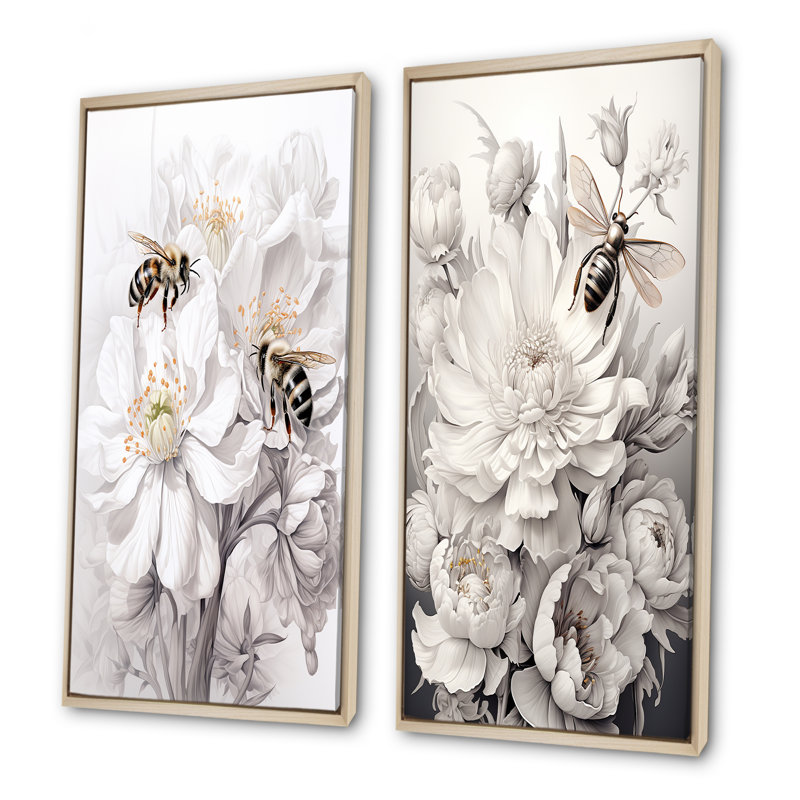 «White and Black Buzzing Bees Flowers I - Insectes & Bugs», ensemble de 2 reproductions d'art sur toile, Cadre flottant brun