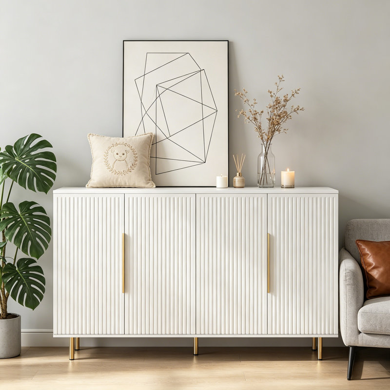 Buffet blanc moderne avec rangement, grand buffet cannelé avec tablettes réglables, crédence, console d'appoint