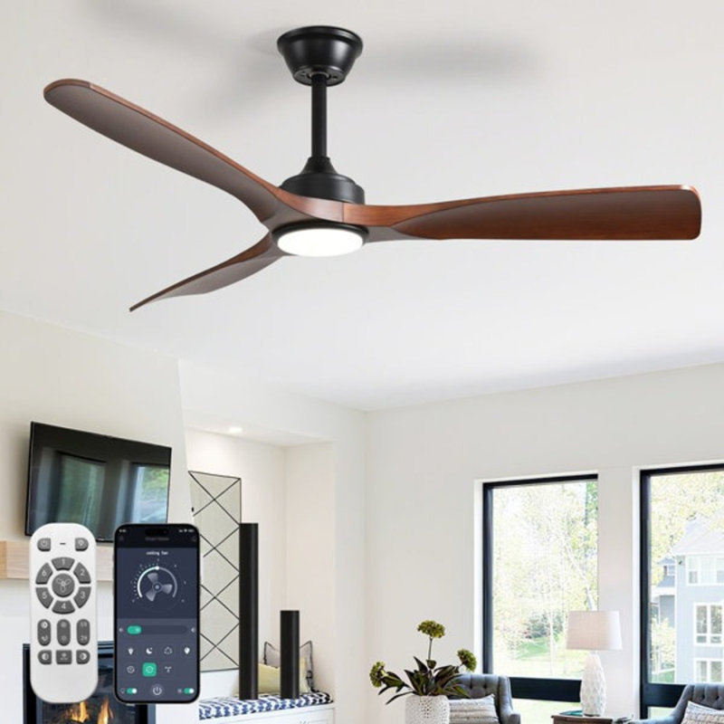 52'' Walnut Modern Ceiling Fan Indoor/Outdoor Fan for Patios with Light and Remote Control 6-Speed Mute Reversible Motor Time