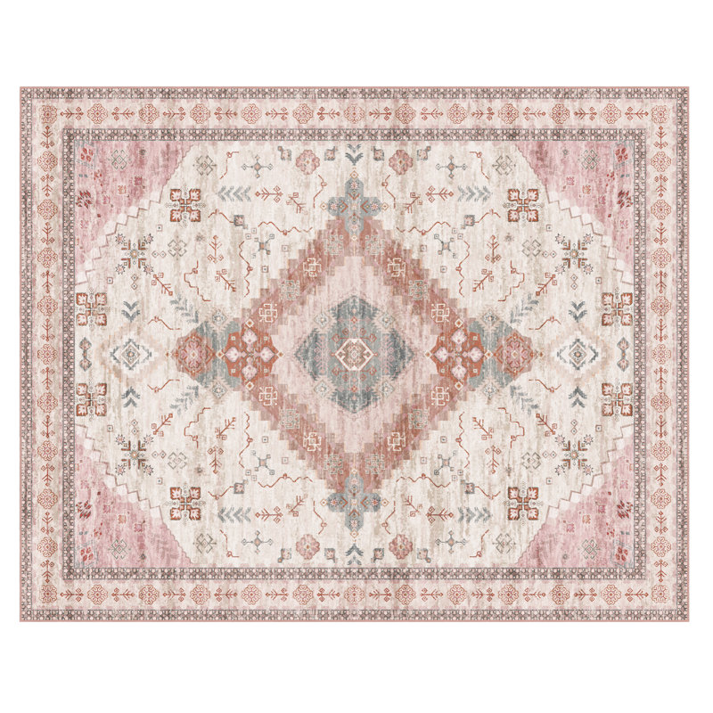 Area Rug, Power Loomed Washable Non-Slip, Vintage Pinkish-white, Area 8'x 10'