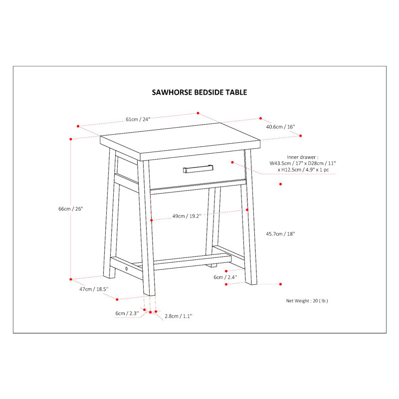 Table de chevet en bois massif avec tiroir Sawhorse, Châtaignier brun foncé