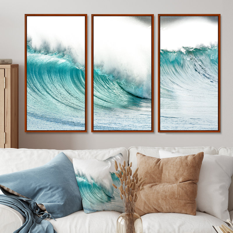 Massive Blue Waves Breaking Beach - Sea & Shore, ensemble de 3 toiles d'art encadrées, Noir, H 28 po x l 36 po